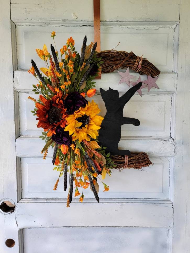 Fall Sunflower Cat Crescent Moon Wreath