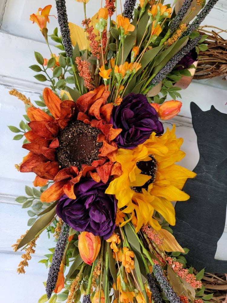 Fall Sunflower Cat Crescent Moon Wreath