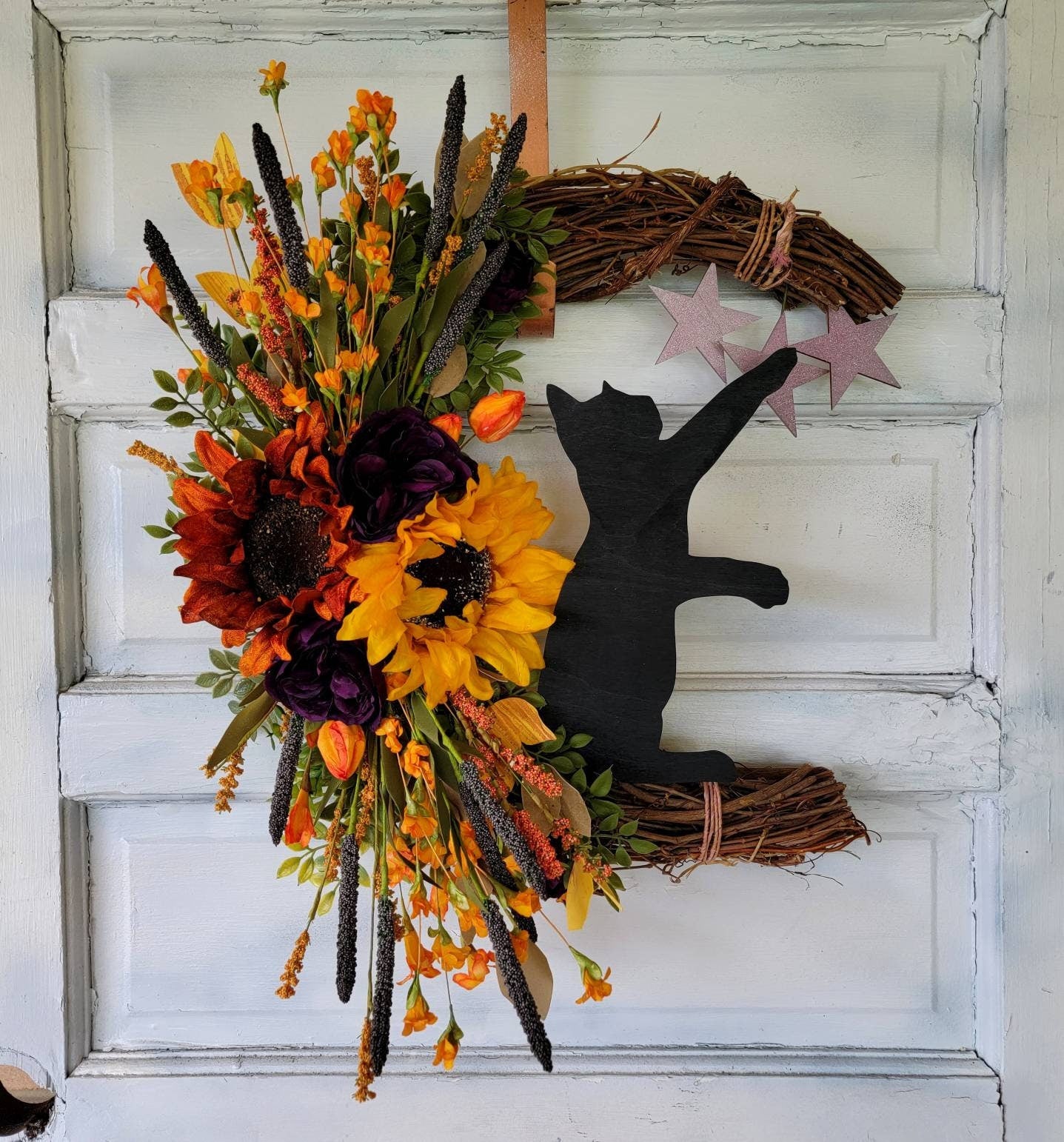 Fall Sunflower Cat Crescent Moon Wreath