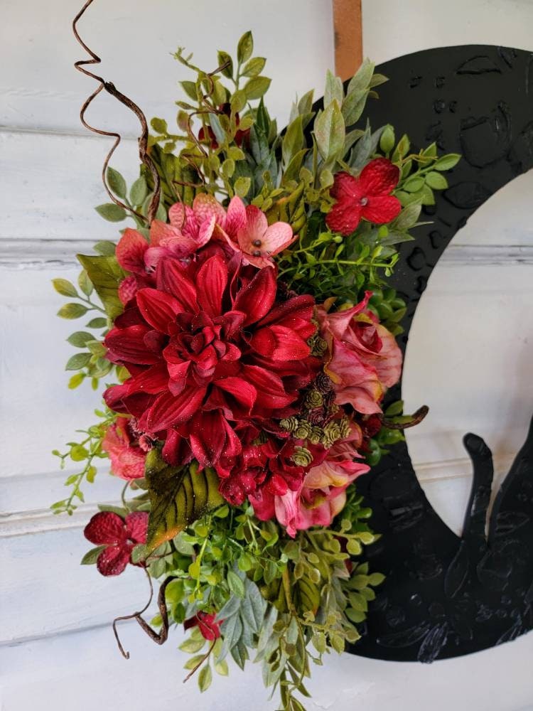Burgundy Flowers Fall Cat Wreath