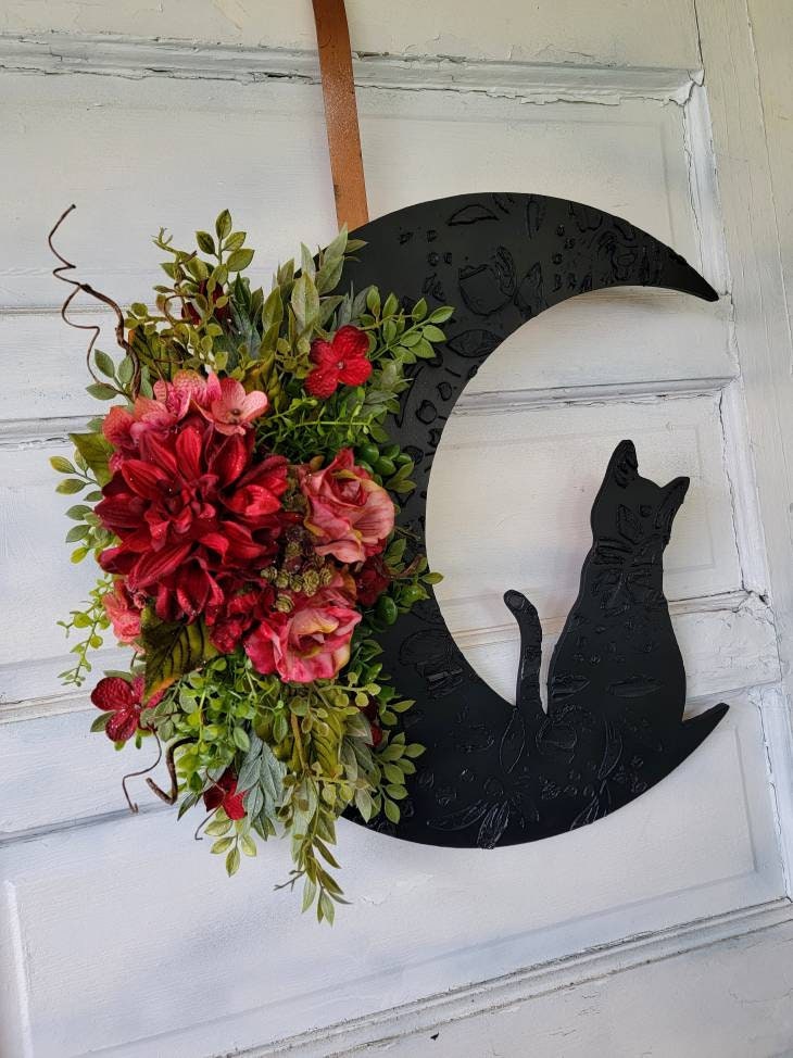 Burgundy Flowers Fall Cat Wreath