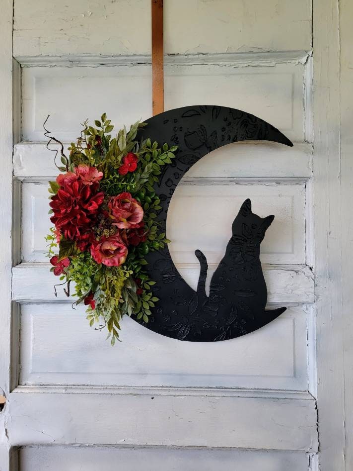 Burgundy Flowers Fall Cat Wreath