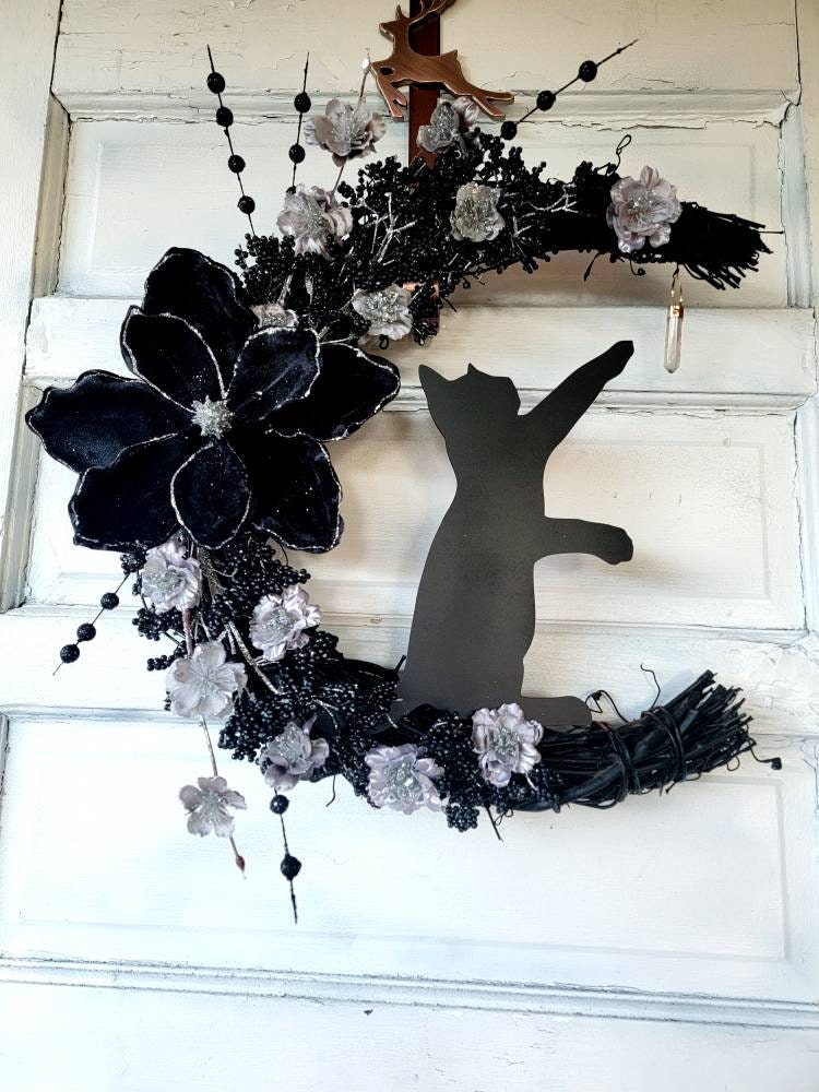 Witchy Black Cat Winter Crystal Crescent Moon Wreath