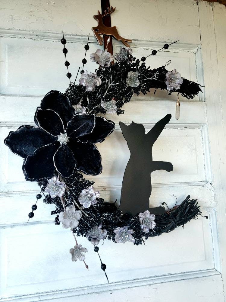 Witchy Black Cat Winter Crystal Crescent Moon Wreath
