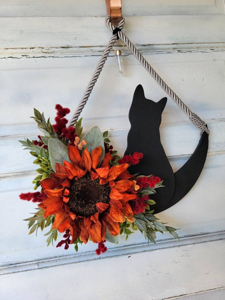 Burnt Orange Sunflower Fall Cat Crystal Waning Crescent Moon