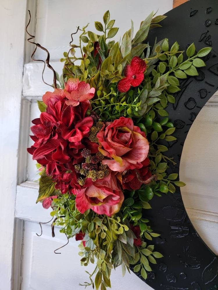 Burgundy Flowers Fall Cat Wreath
