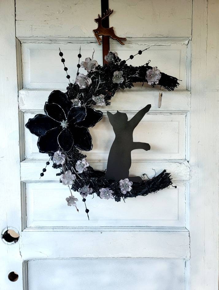 Witchy Black Cat Winter Crystal Crescent Moon Wreath