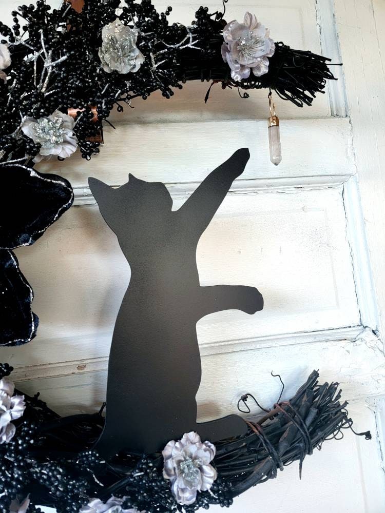 Witchy Black Cat Winter Crystal Crescent Moon Wreath