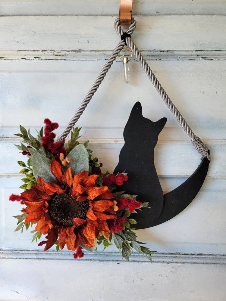Burnt Orange Sunflower Fall Cat Crystal Waning Crescent Moon