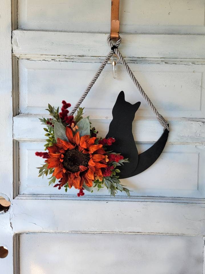 Burnt Orange Sunflower Fall Cat Crystal Waning Crescent Moon