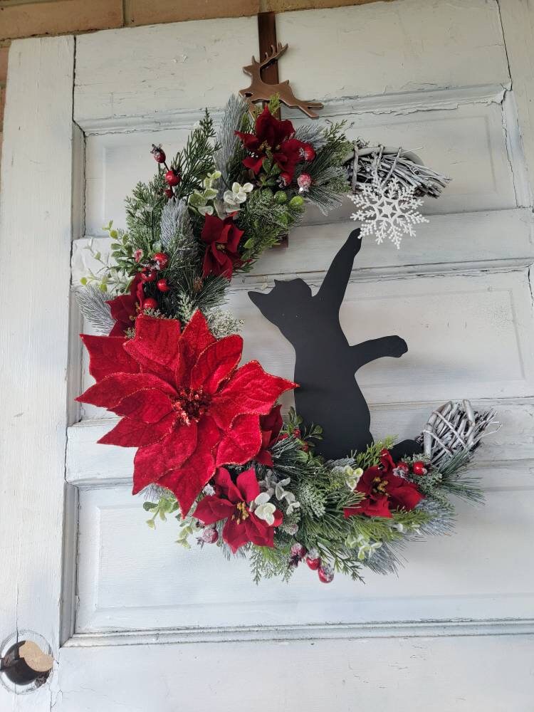 Winter Crescent Moon Black Cat Wreath