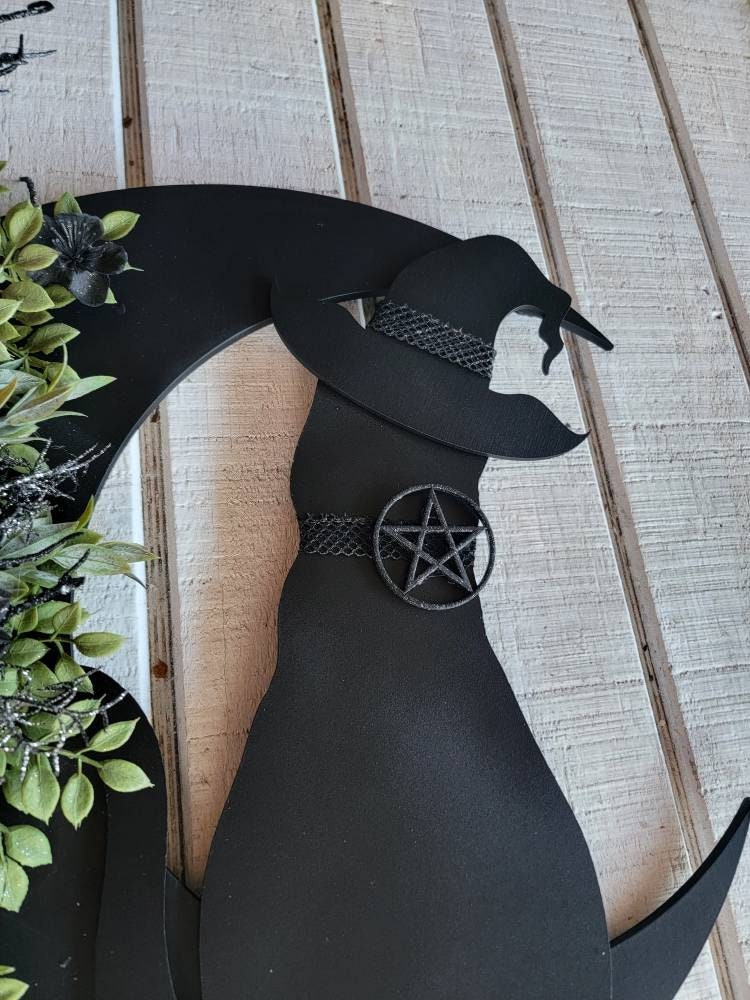 Dark Green Flowers Black Cat Witch Hat Crescent Moon Wreath