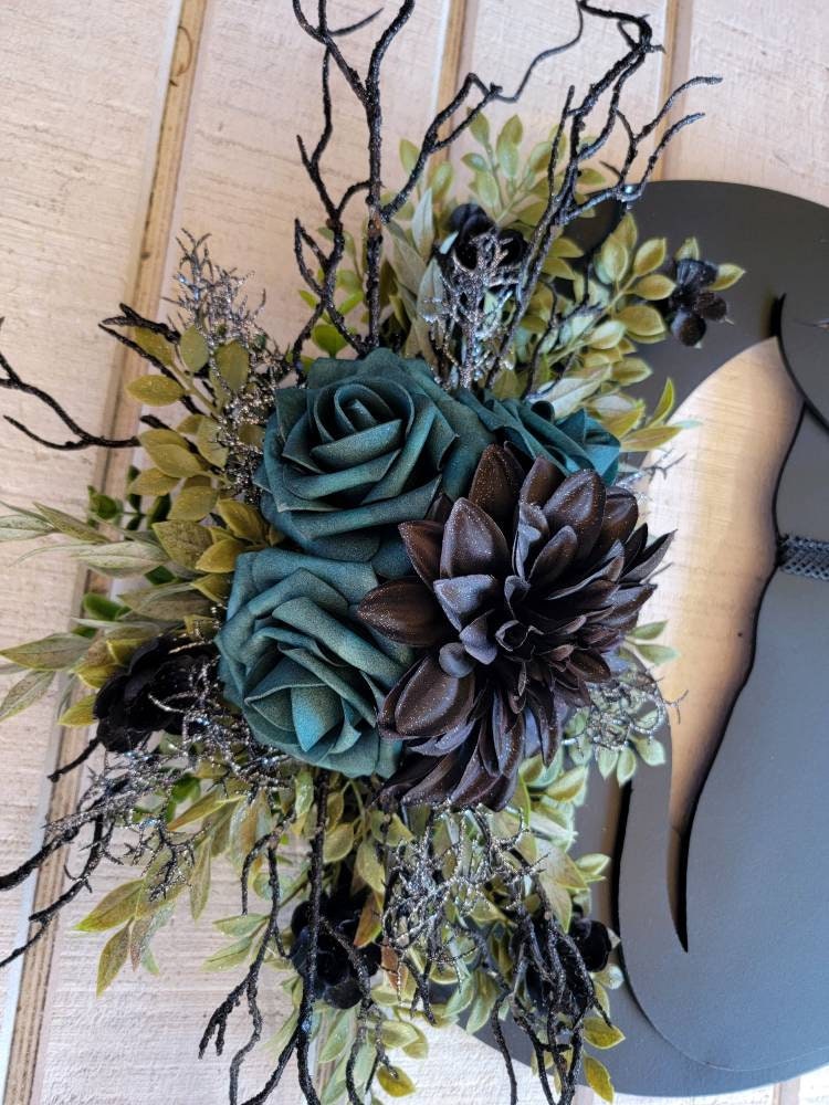 Dark Green Flowers Black Cat Witch Hat Crescent Moon Wreath