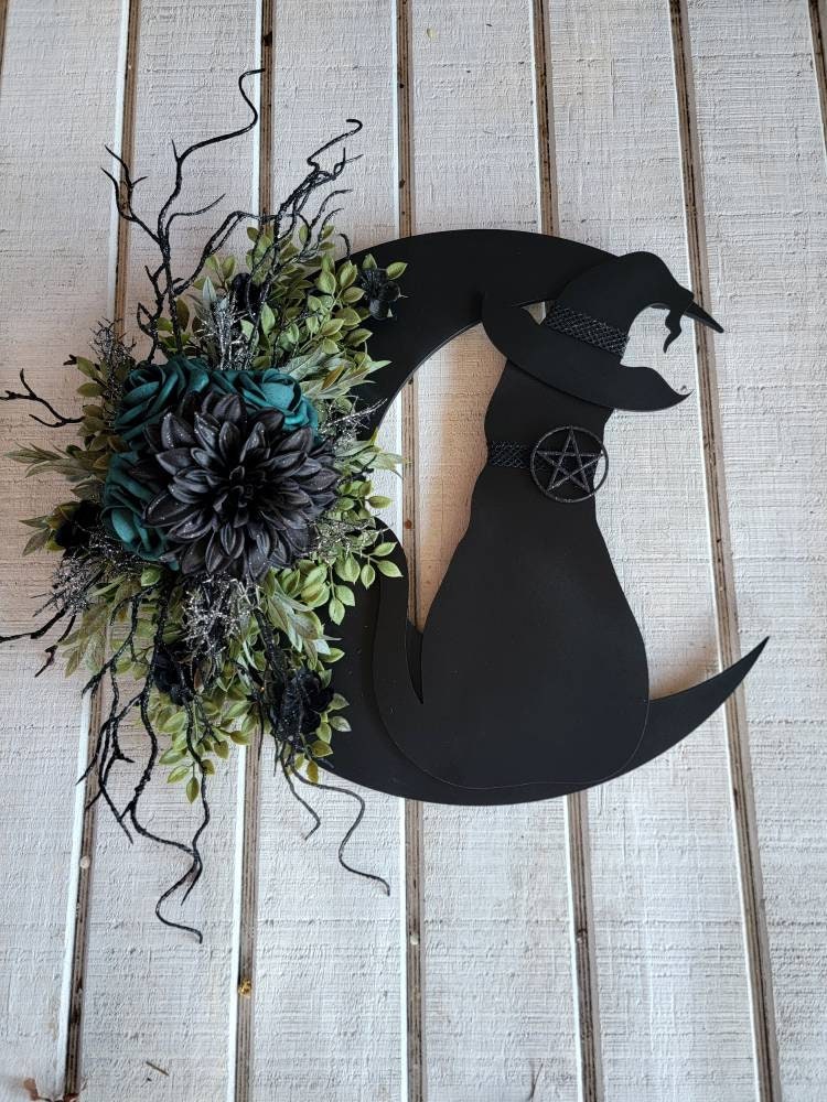 Dark Green Flowers Black Cat Witch Hat Crescent Moon Wreath
