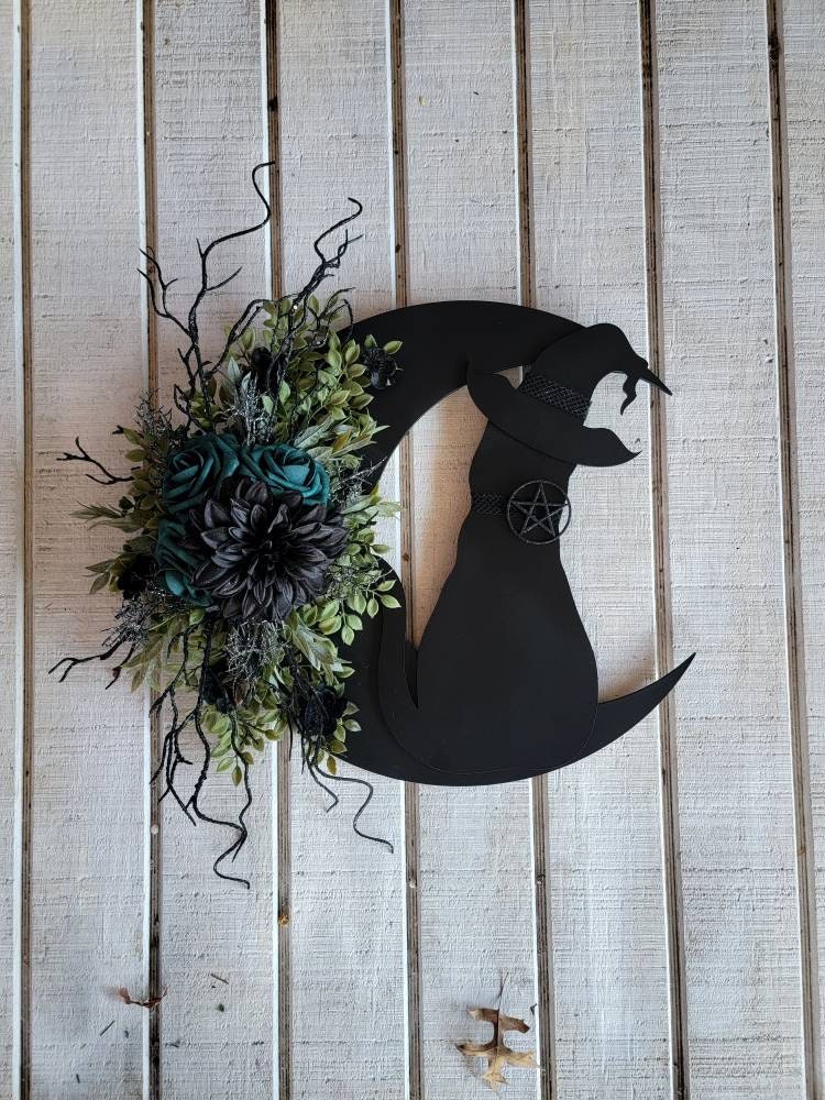 Dark Green Flowers Black Cat Witch Hat Crescent Moon Wreath