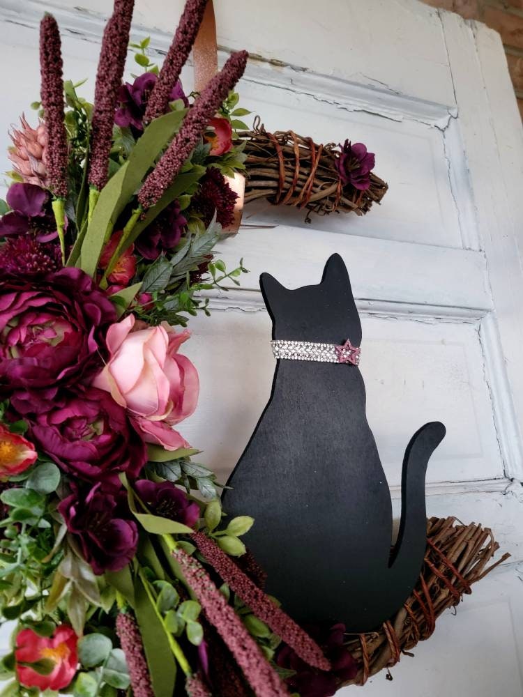 Mauve Flowers Black Cat Crescent Moon