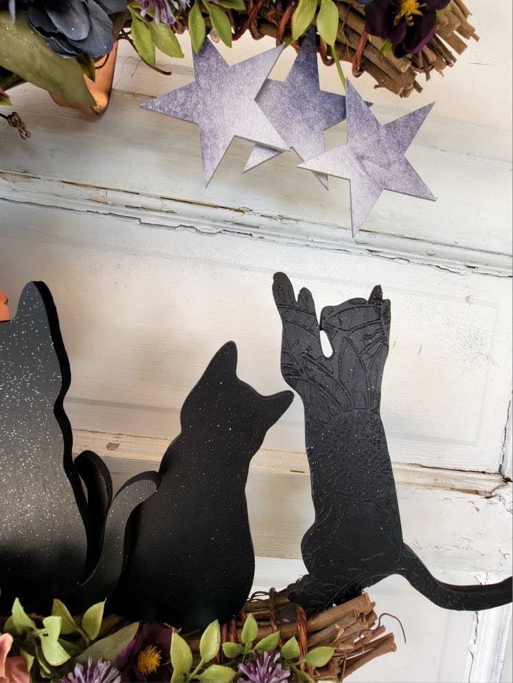 Purple Witchy Wildflower Multiple Cats Crescent Moon Wreath
