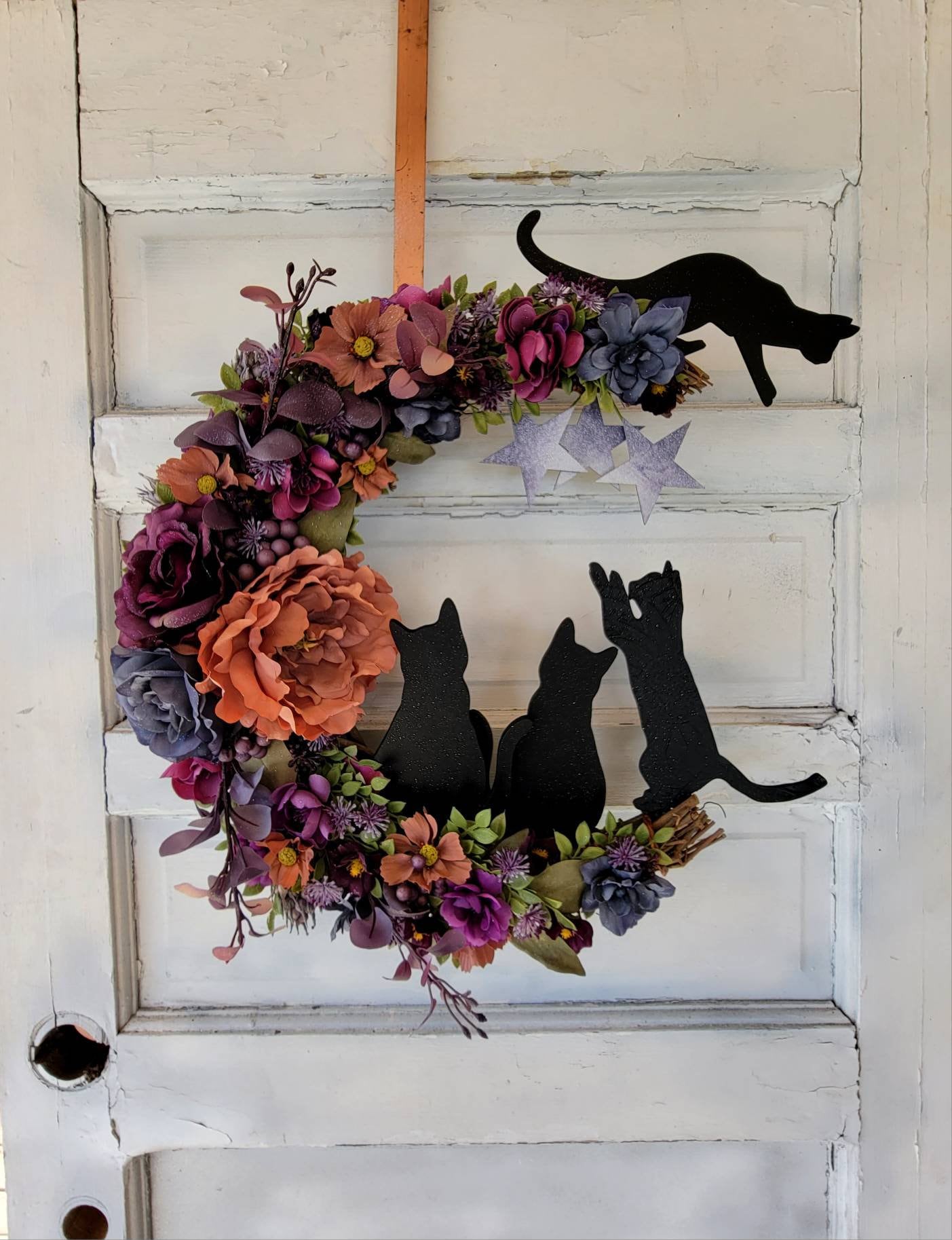 Purple Witchy Wildflower Multiple Cats Crescent Moon Wreath