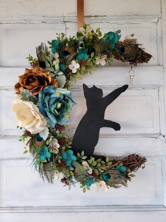 Peacock Feathers Wildflower Cat Crescent Moon Wreath