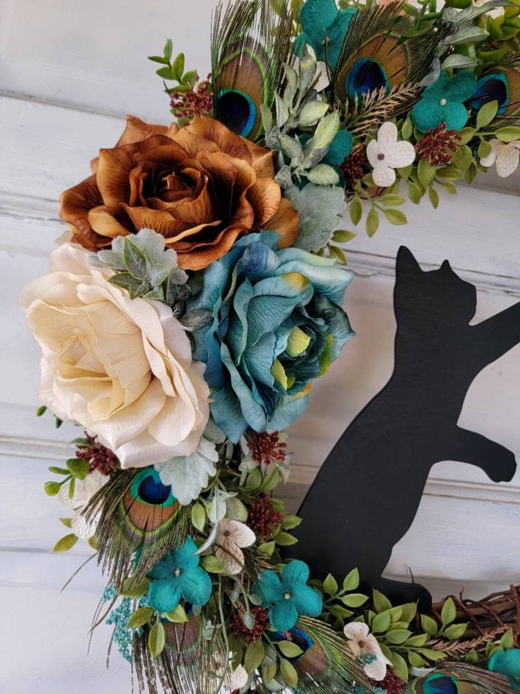 Peacock Feathers Wildflower Cat Crescent Moon Wreath