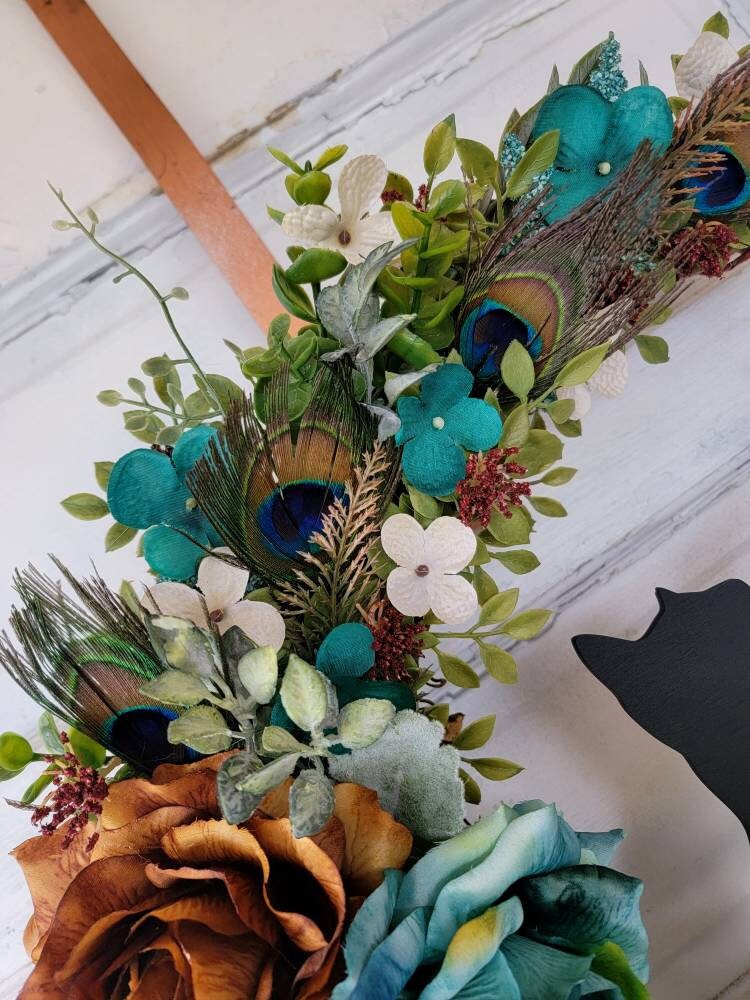 Peacock Feathers Wildflower Cat Crescent Moon Wreath