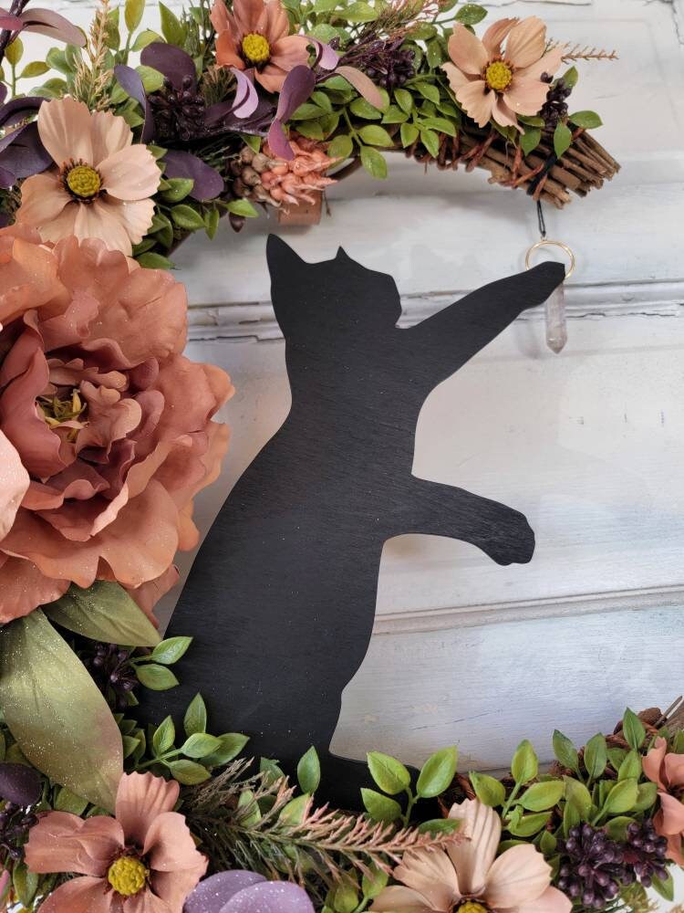 Witchy Crystal Wildflower Cat Crescent Moon Front Door Wreath • Bohemian Botanical Celestial Hanger • Cottagecore Decor • Cat Lovers Gift