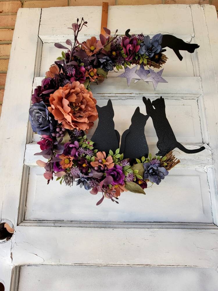Purple Witchy Wildflower Multiple Cats Crescent Moon Wreath