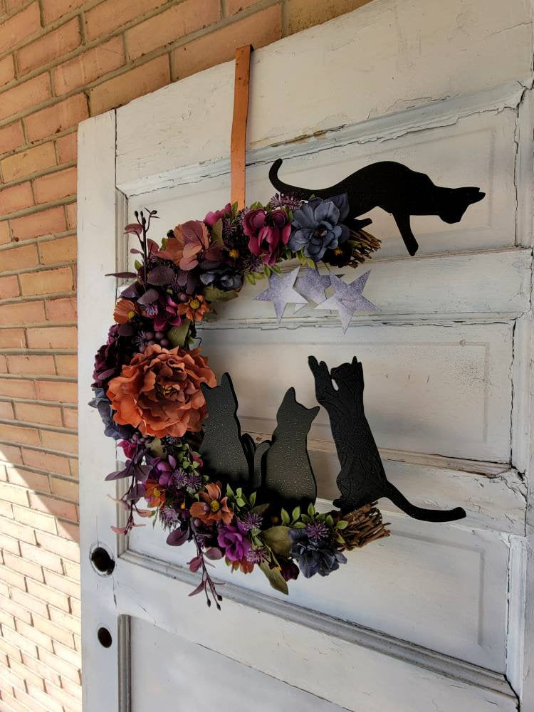 Purple Witchy Wildflower Multiple Cats Crescent Moon Wreath