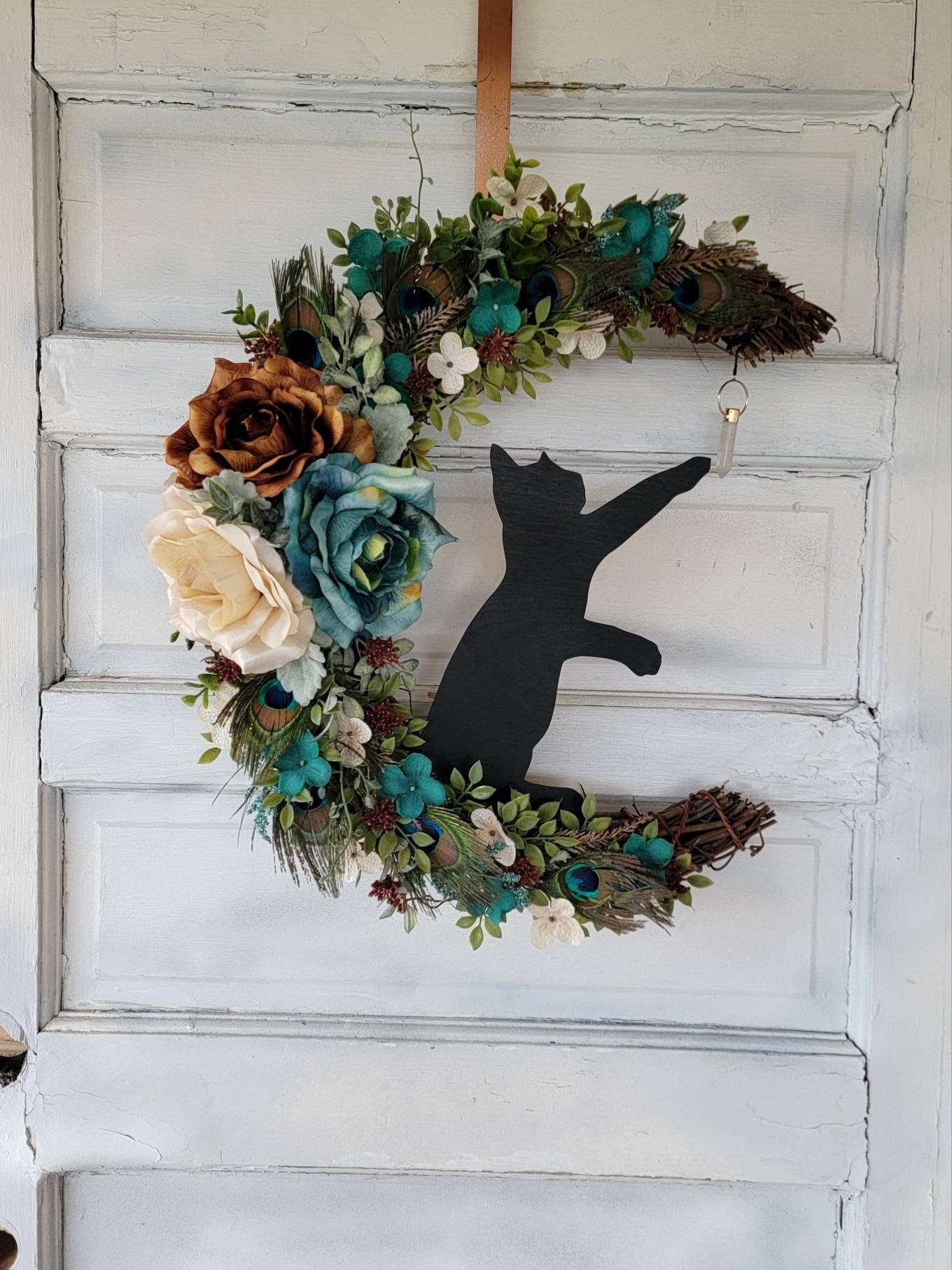Peacock Feathers Wildflower Cat Crescent Moon Wreath