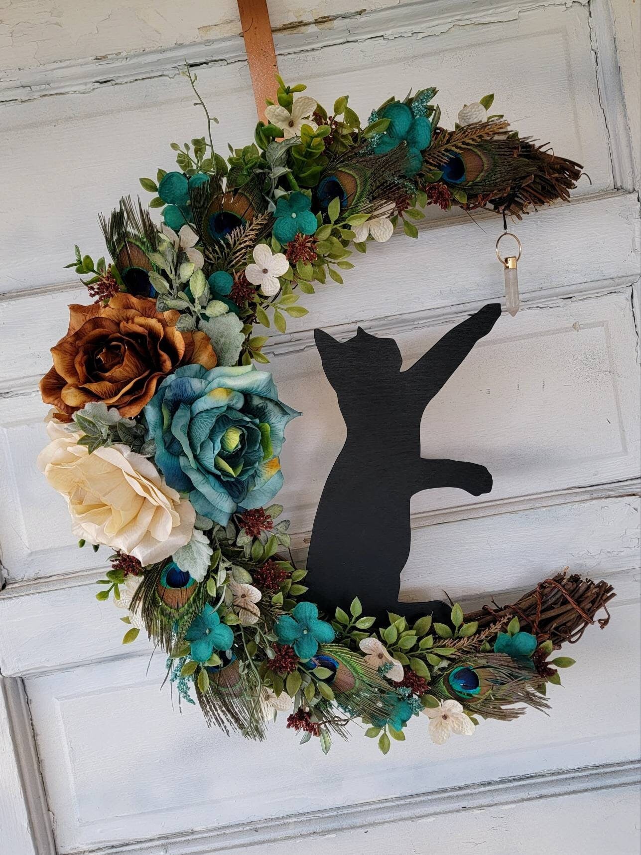 Peacock Feathers Wildflower Cat Crescent Moon Wreath
