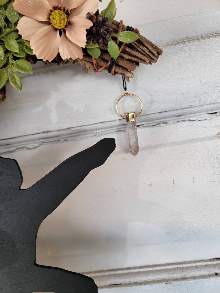 Witchy Crystal Wildflower Cat Crescent Moon Front Door Wreath • Bohemian Botanical Celestial Hanger • Cottagecore Decor • Cat Lovers Gift