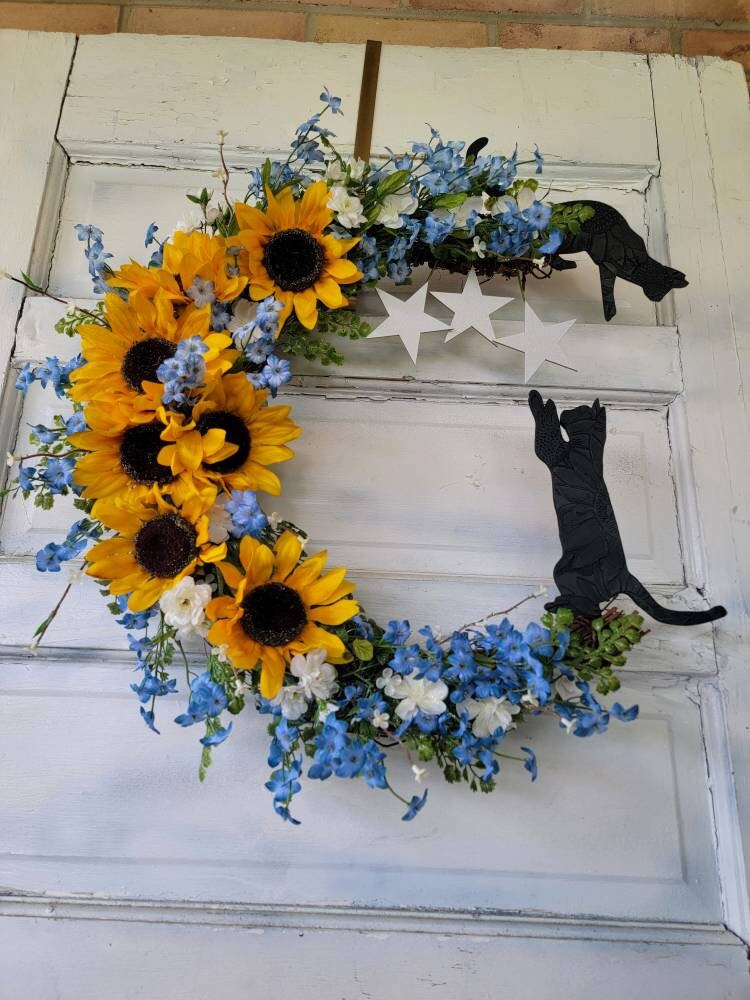Sunflower Black Cats Crescent Moon Wreath