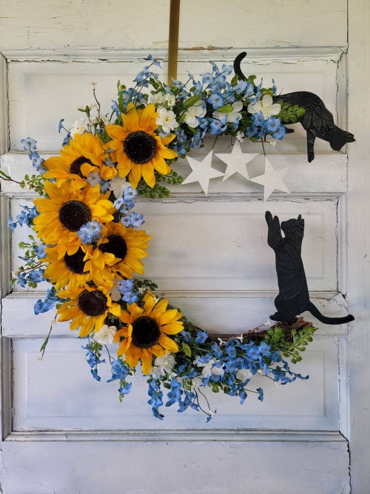 Sunflower Black Cats Crescent Moon Wreath