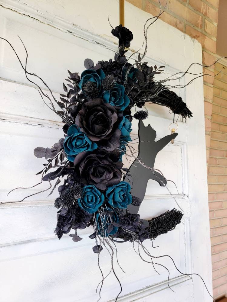 Witchy Hag Teal Black Cat Crescent Moon Wreath