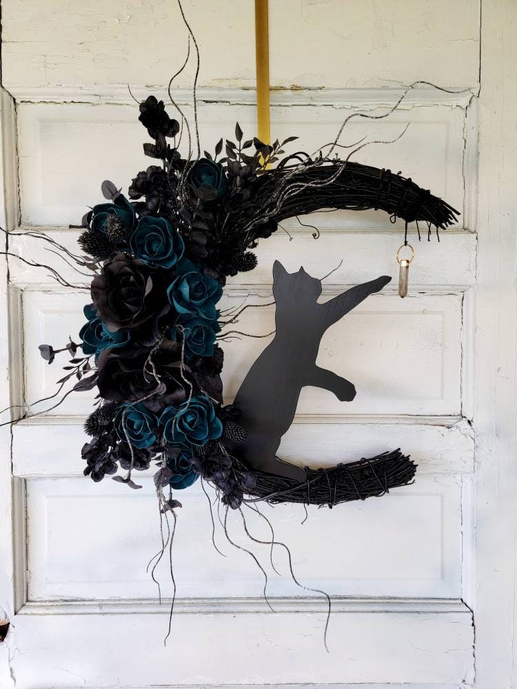 Witchy Hag Teal Black Cat Crescent Moon Wreath