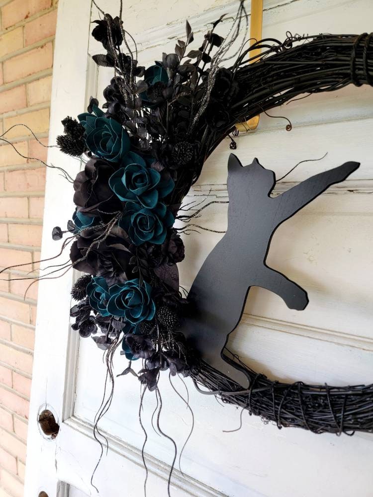 Witchy Hag Teal Black Cat Crescent Moon Wreath