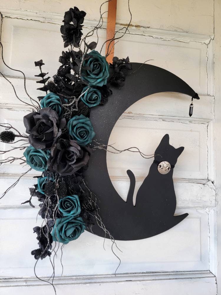 Dark Green Pentacle Collar Black Cat Moon Wreath