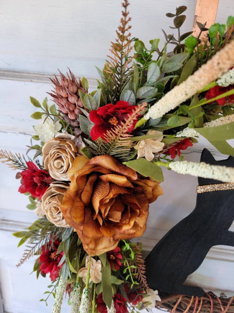 Rust & Burgundy Flowers Black Cat Crescent Moon Wreath