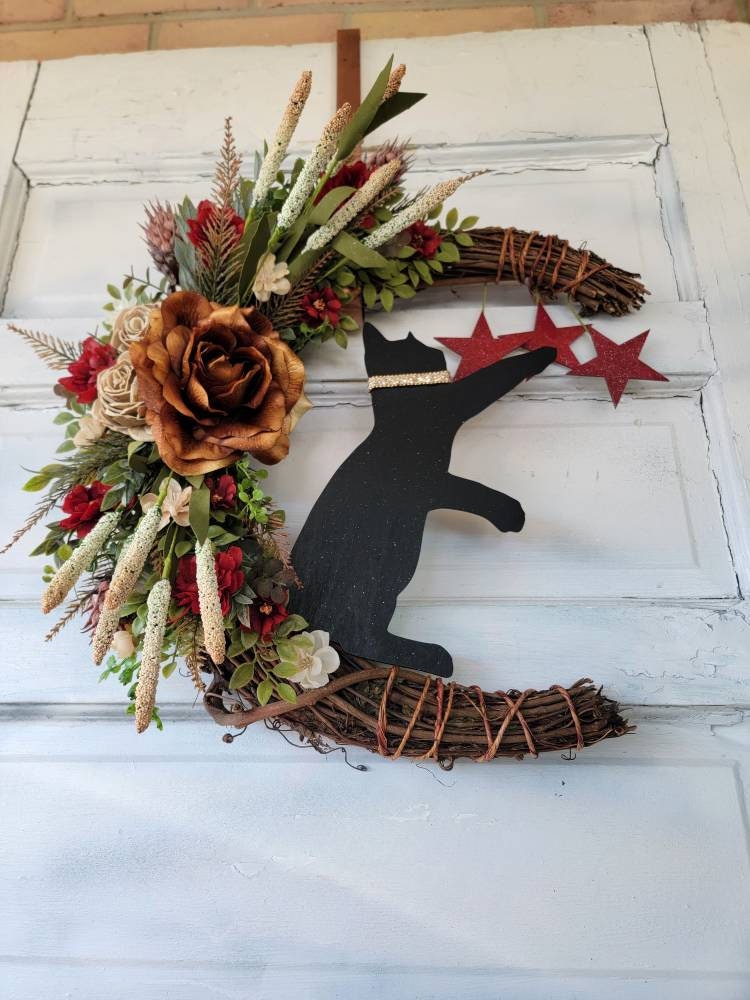 Rust & Burgundy Flowers Black Cat Crescent Moon Wreath