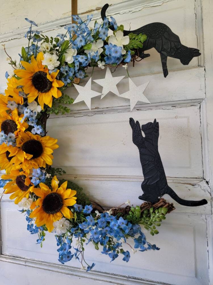 Sunflower Black Cats Crescent Moon Wreath
