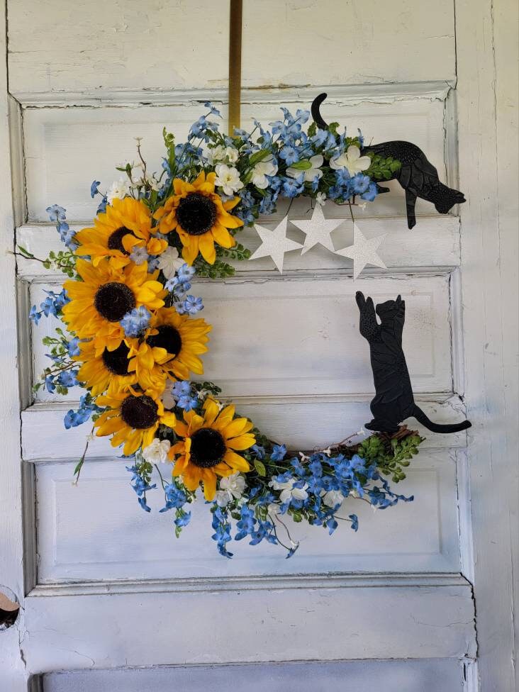 Sunflower Black Cats Crescent Moon Wreath