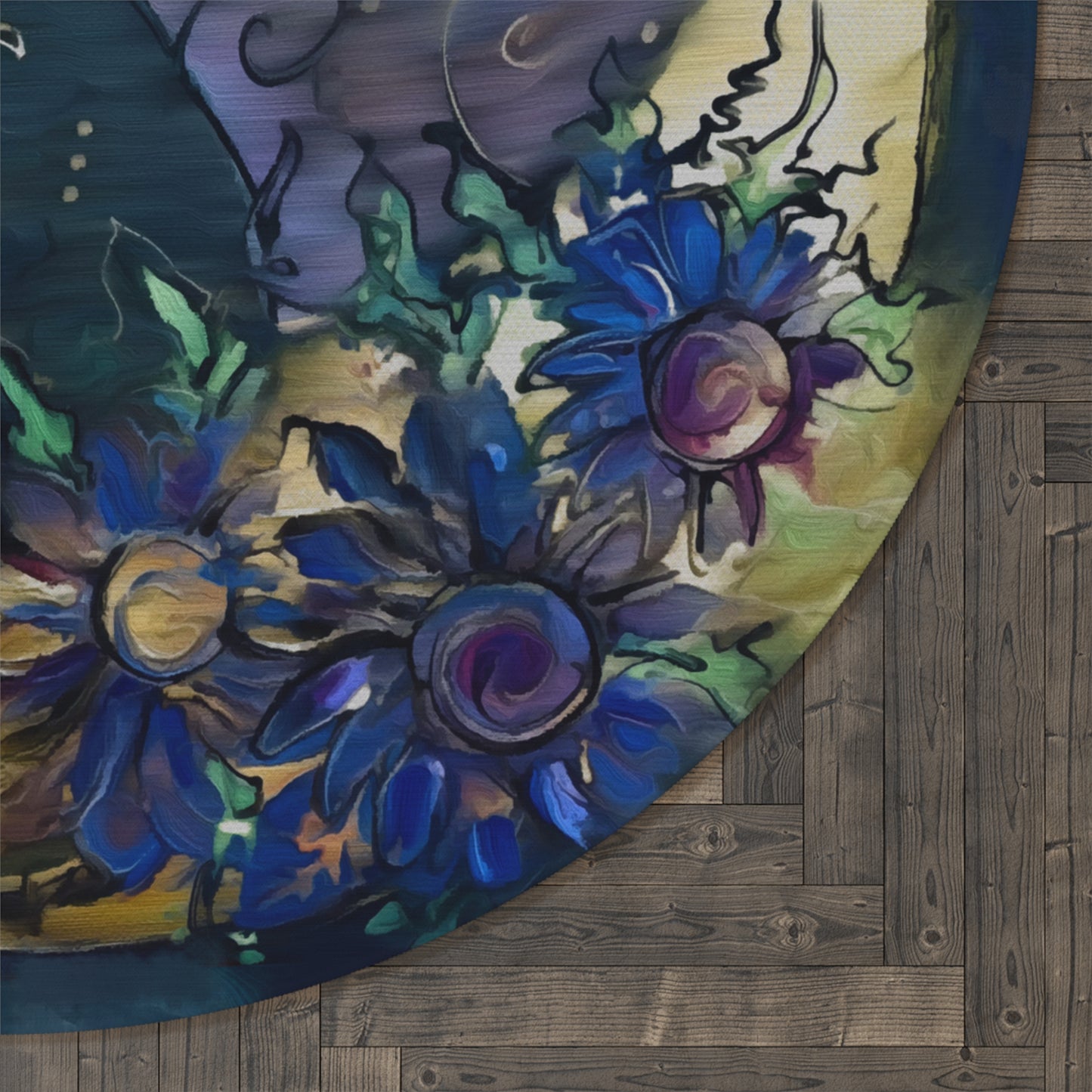 Crescent Moon Cat Floral Round Rug