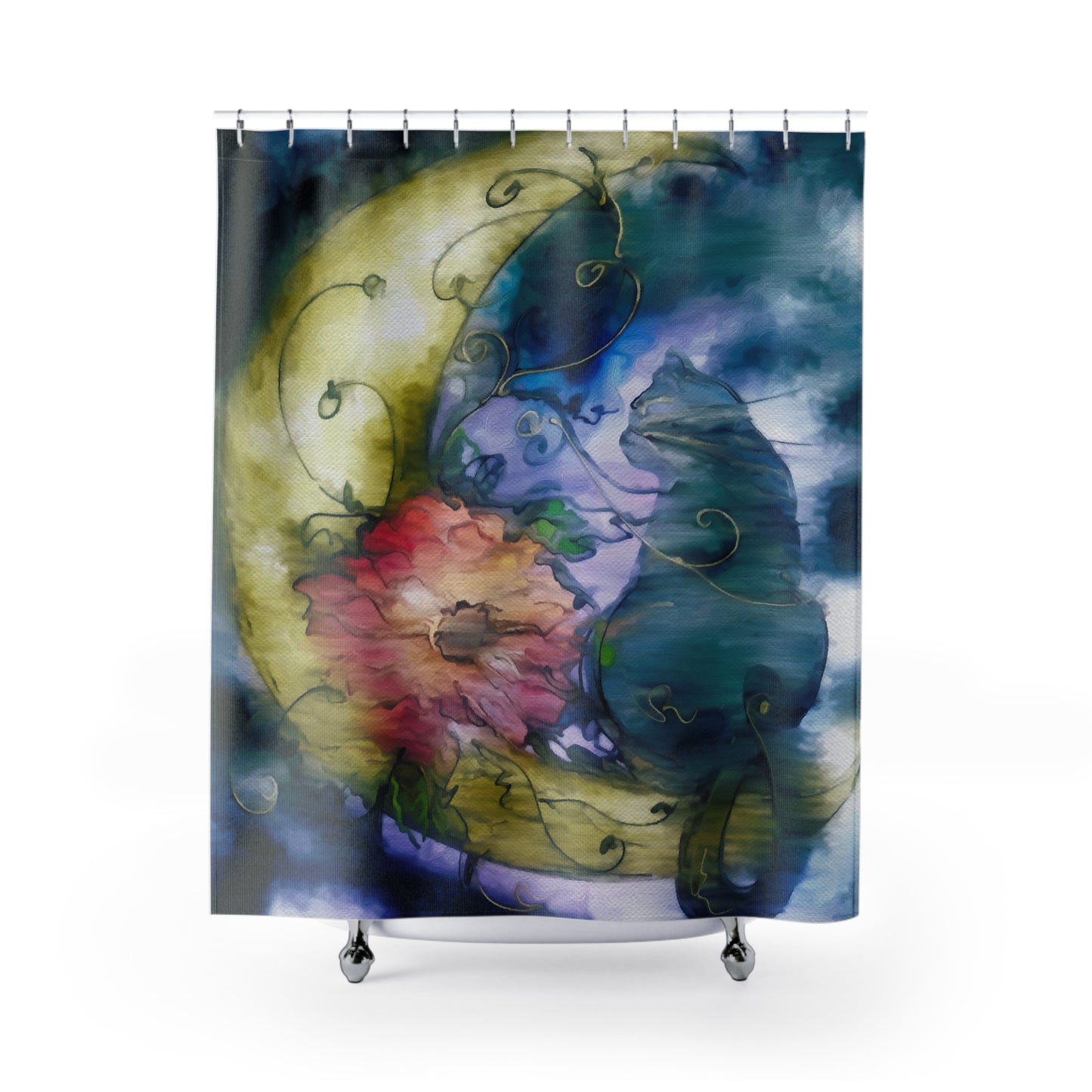 Witchy Cat Crescent Moon Shower Curtain