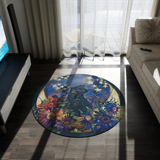 Crescent Moon Cat Floral Round Rug