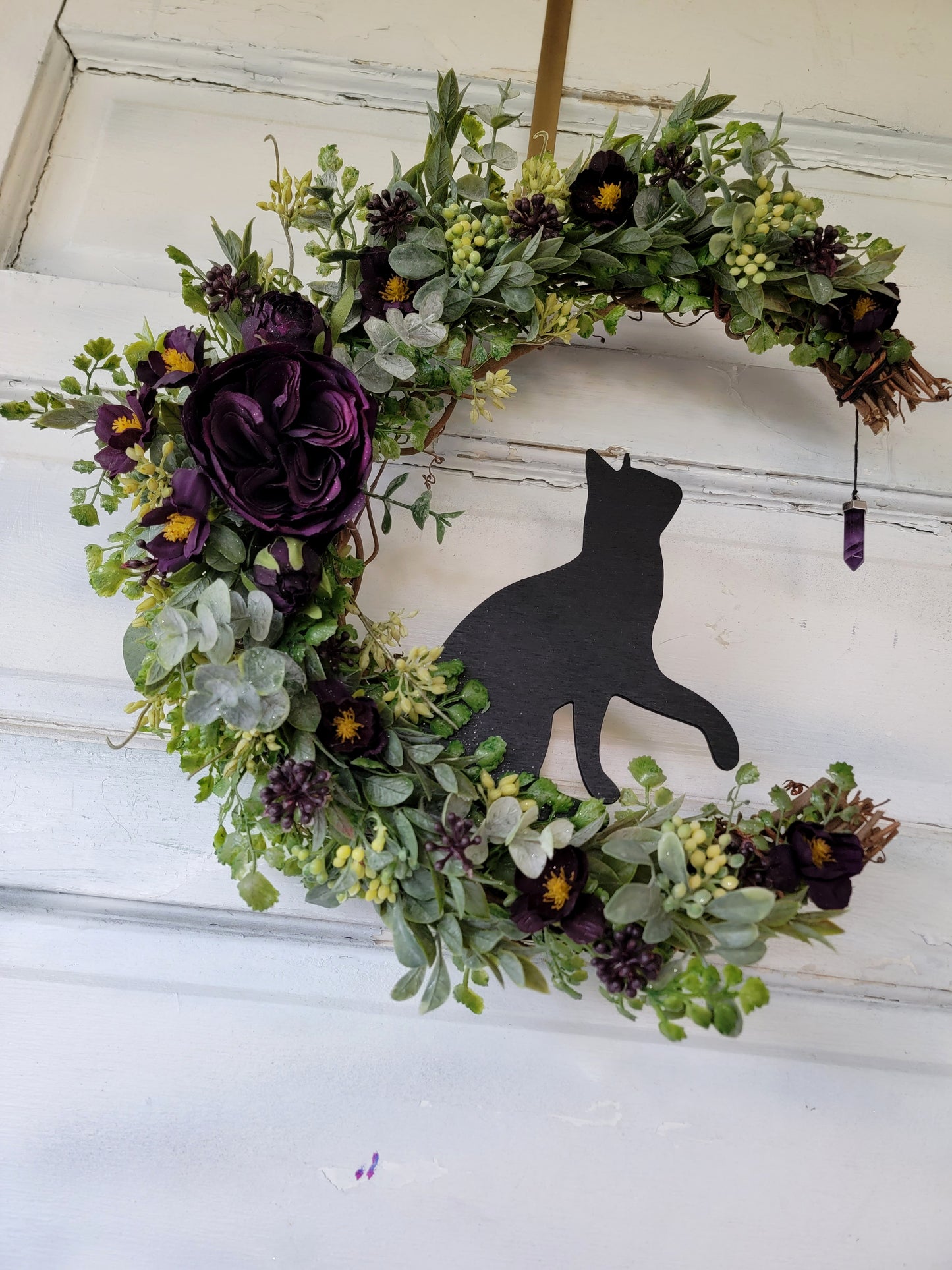 Purple Cat Moon Wreath w/ Amethyst Crystal