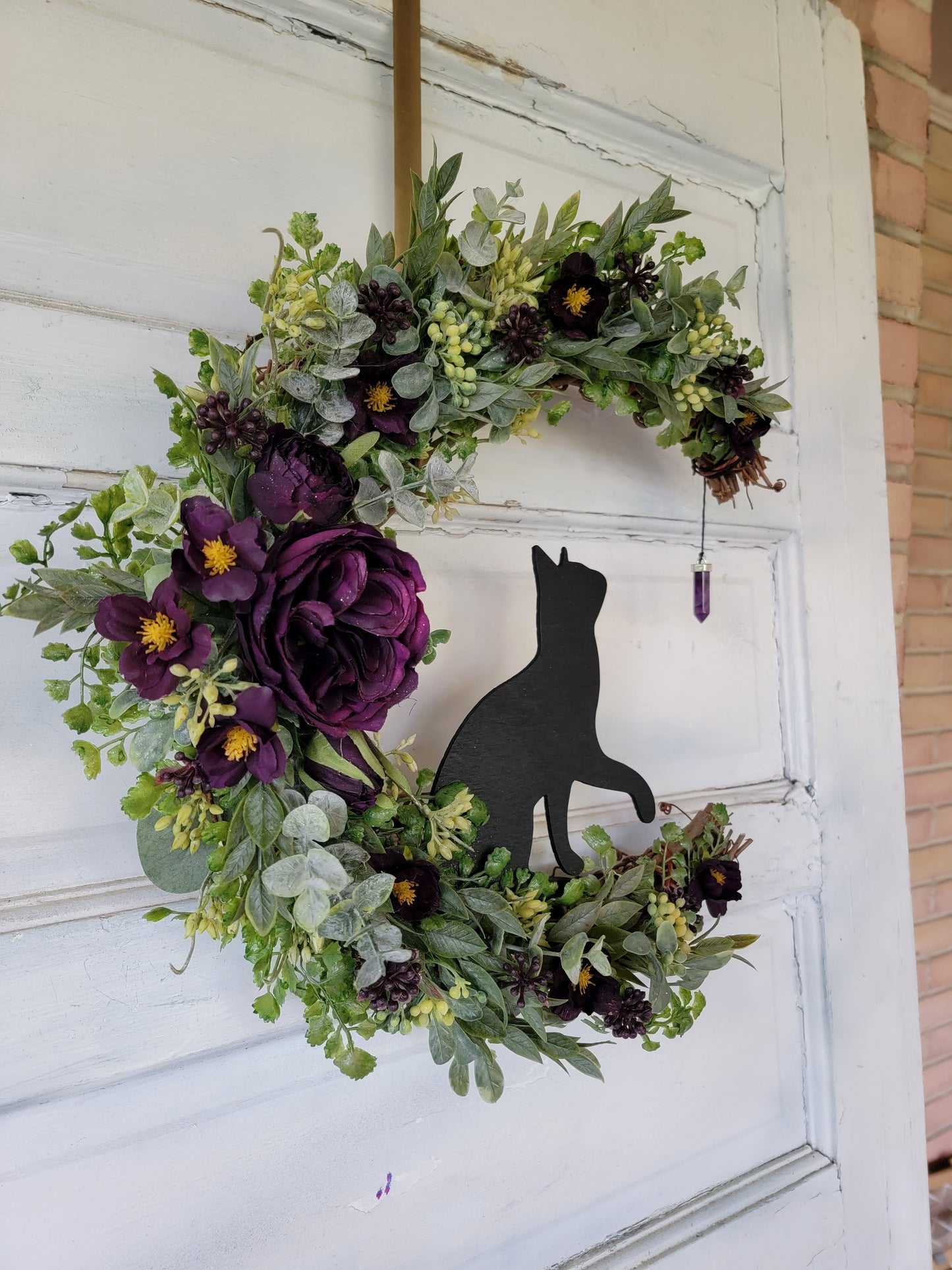 Purple Cat Moon Wreath w/ Amethyst Crystal