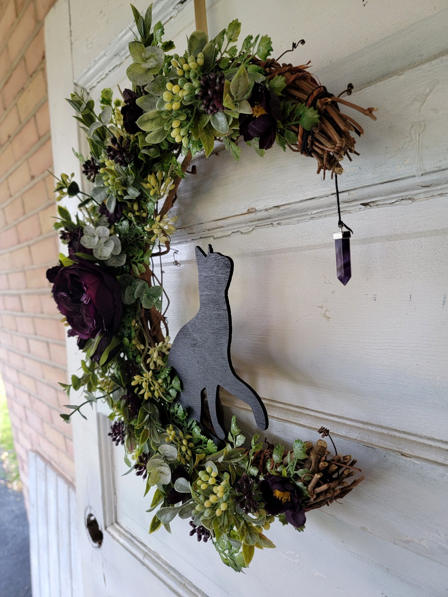 Purple Cat Moon Wreath w/ Amethyst Crystal