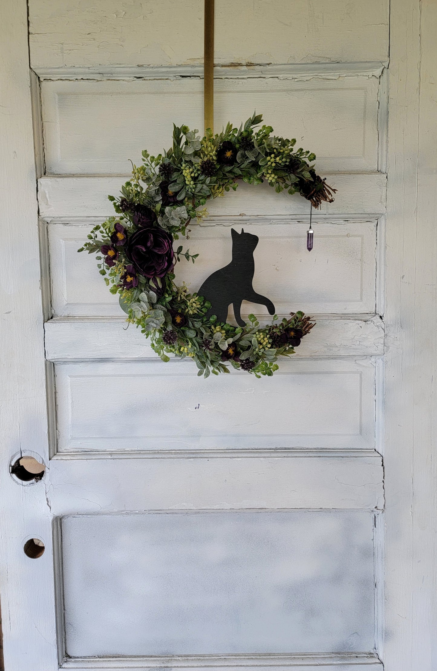 Purple Cat Moon Wreath w/ Amethyst Crystal