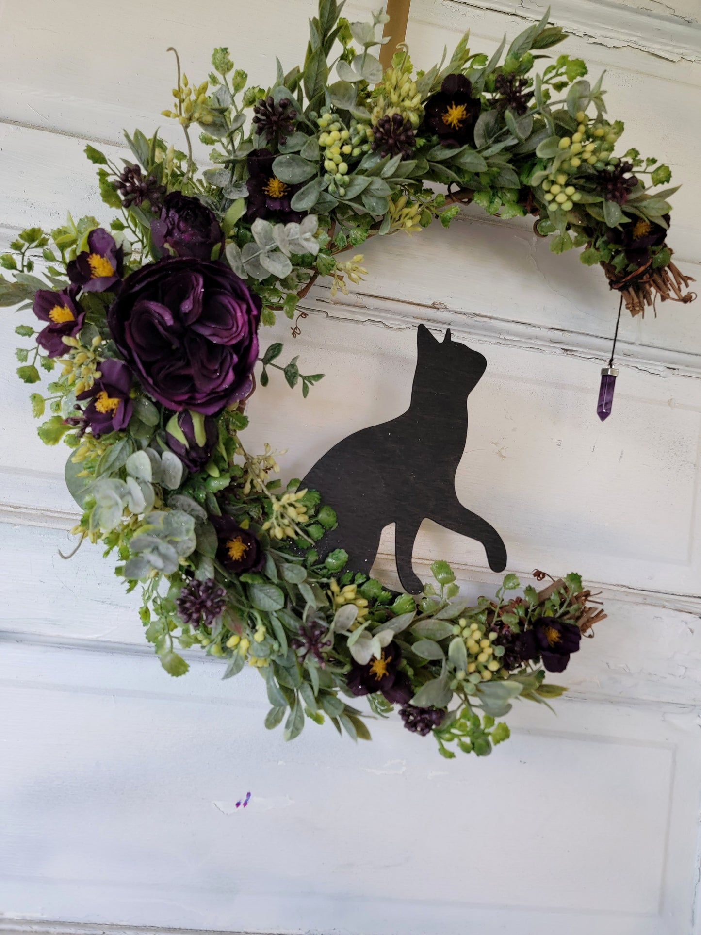 Purple Cat Moon Wreath w/ Amethyst Crystal