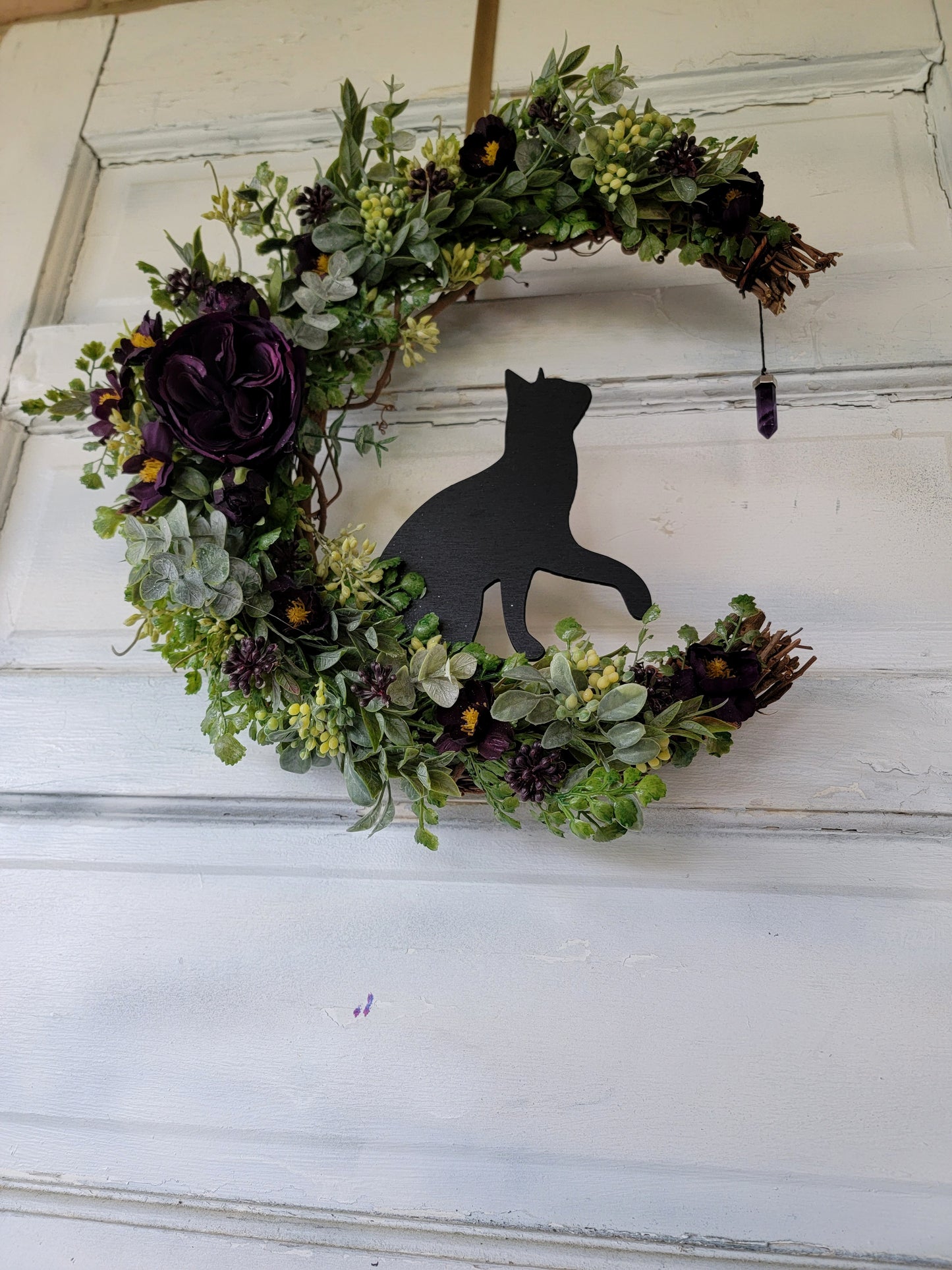 Purple Cat Moon Wreath w/ Amethyst Crystal